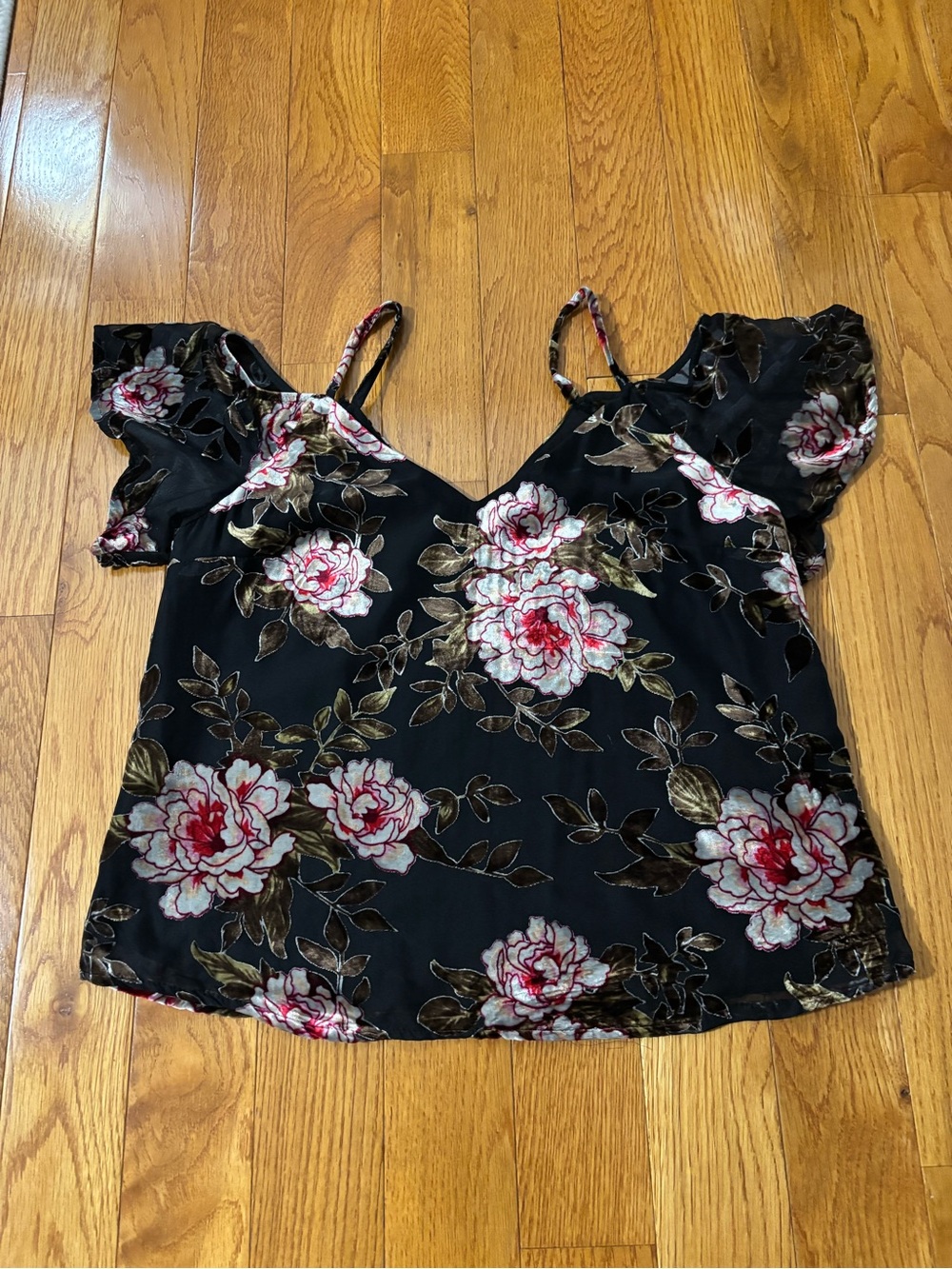 Dex Black Floral Cold-Shoulder Camisole with Pink Rose Print